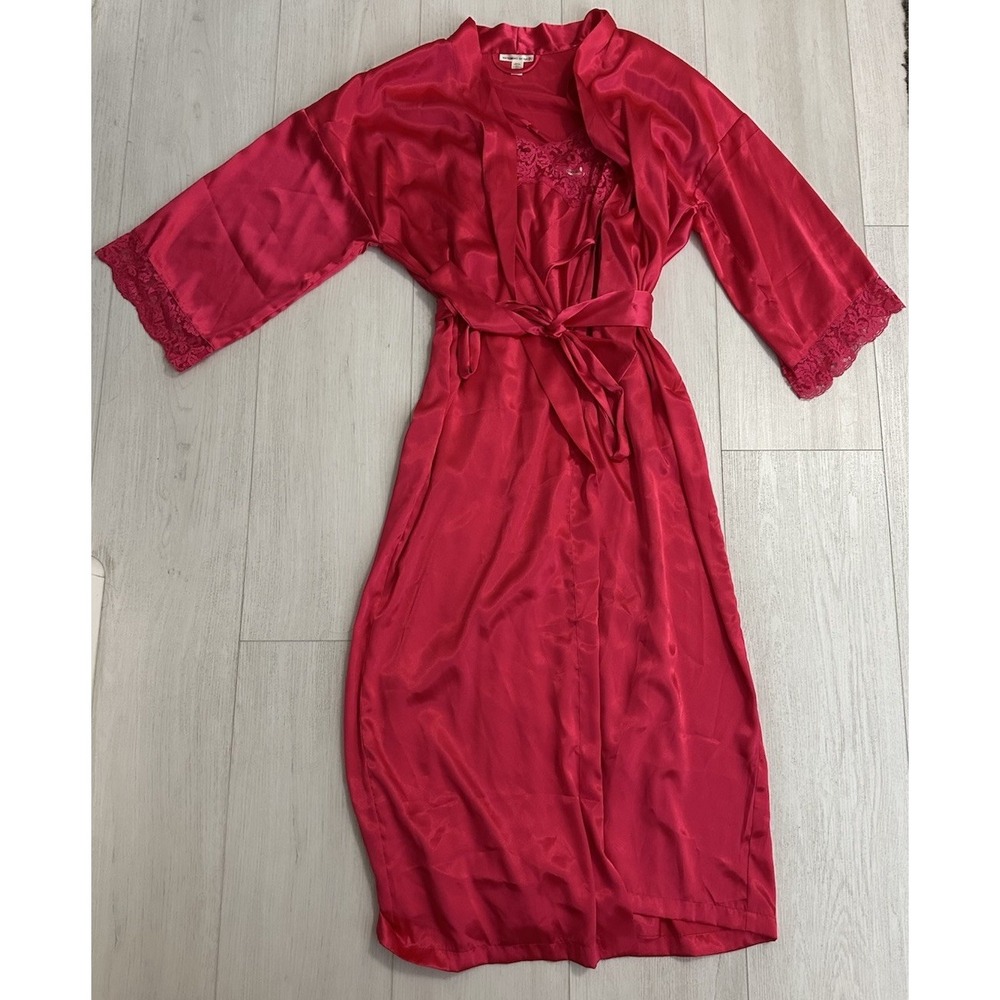 Vintage Victoria's Secret Satin Robe & Nightgown Set Sz L - Fuchsia Pink - Lace